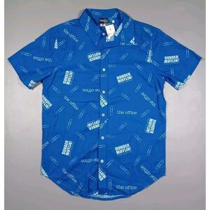 The Office Shirt Mens M Blue‎ Button Up All Over Print Dunder Mifflin New